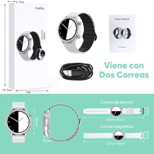 Smartwatch para Mujer/Hombre FreshFun 2024 con Llamada Bluetooth, Reloj Inteligente IP67 con Pantalla 1.39in, Pulsera Deportiva con Monitoreo de Ritmo Cardíaco, Presión Arterial, Sueño, Blanco