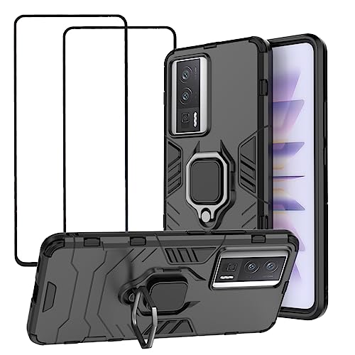 Funda Xiaomi Poco F5 Pro Case y Redmi K60 Pro Case Uso Rudo, con 2 Unidades Mica Protector de Pantalla de Vidrio Templado, para Xiaomi Poco F5 Pro Funda (Negro)