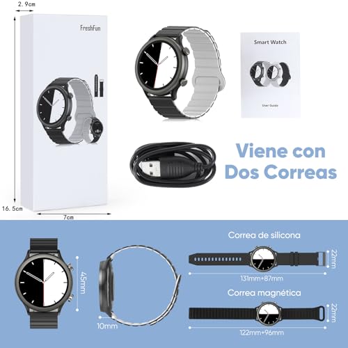Smartwatch para Mujer/Hombre FreshFun con Llamada Bluetooth, Reloj Inteligente IP67 con Pantalla 1.39in, Pulsera Deportiva con Monitoreo de Ritmo Cardíaco, Presión Arterial, Sueño, Negro
