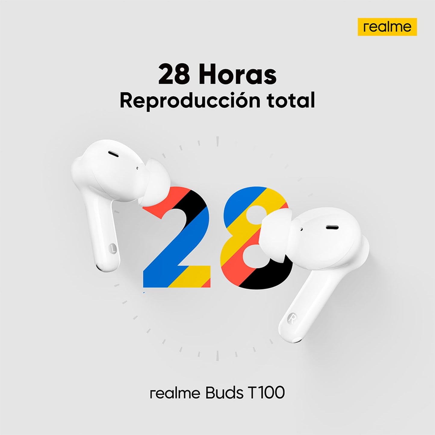 Audífonos bluetooth Realme TechLife Buds T100 ,Resistencia al agua IPX5,Bluetooth 5.3, Hasta 28 horas de reproducción total, color negro