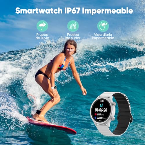 Smartwatch para Mujer/Hombre FreshFun 2024 con Llamada Bluetooth, Reloj Inteligente IP67 con Pantalla 1.39in, Pulsera Deportiva con Monitoreo de Ritmo Cardíaco, Presión Arterial, Sueño, Blanco