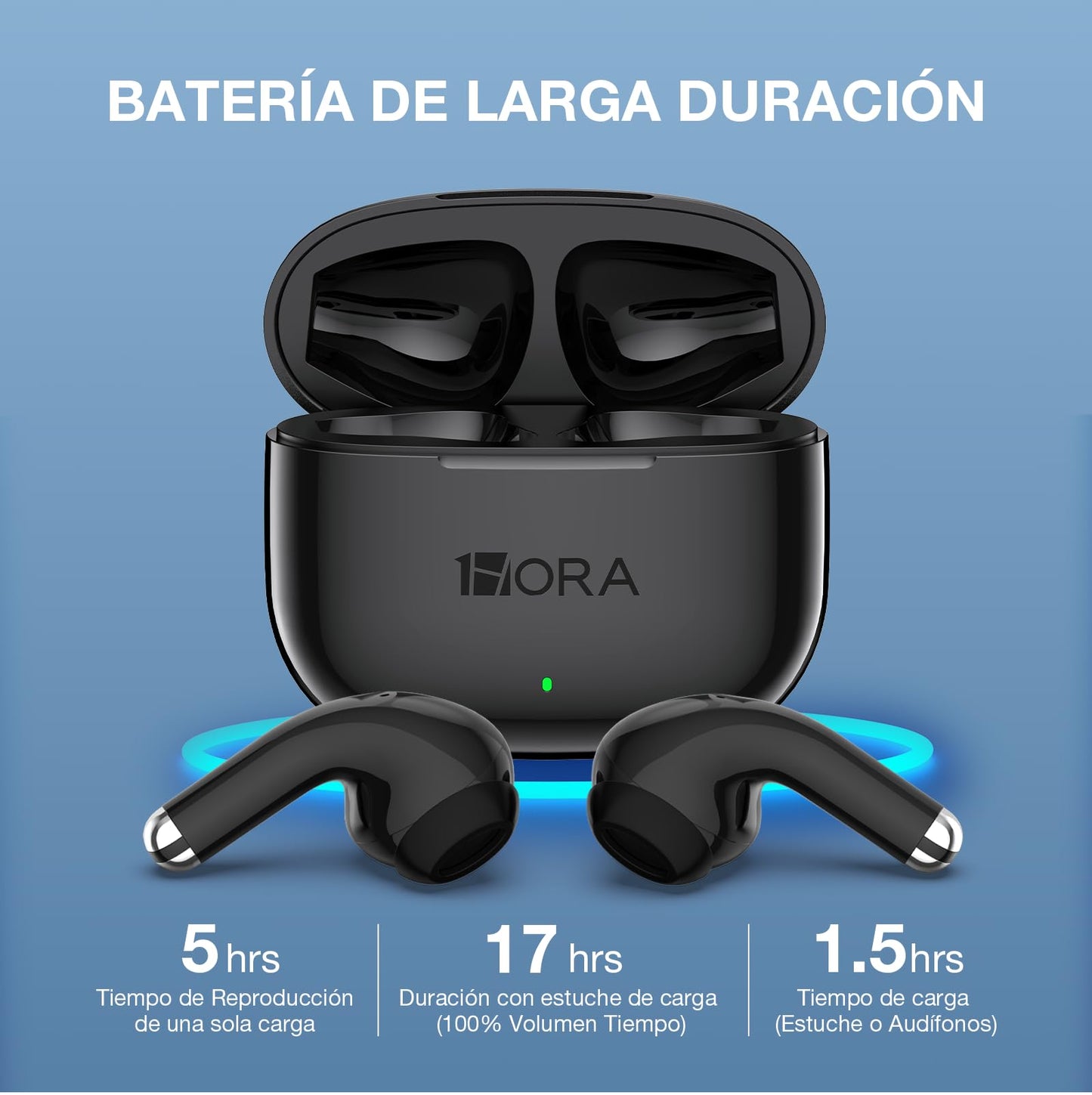Audífonos Inalámbricos 1Hora Bluetooth 5.3, In-Ear. Micrófono incorporado. Compatible con iOS y Android. Color: Negro