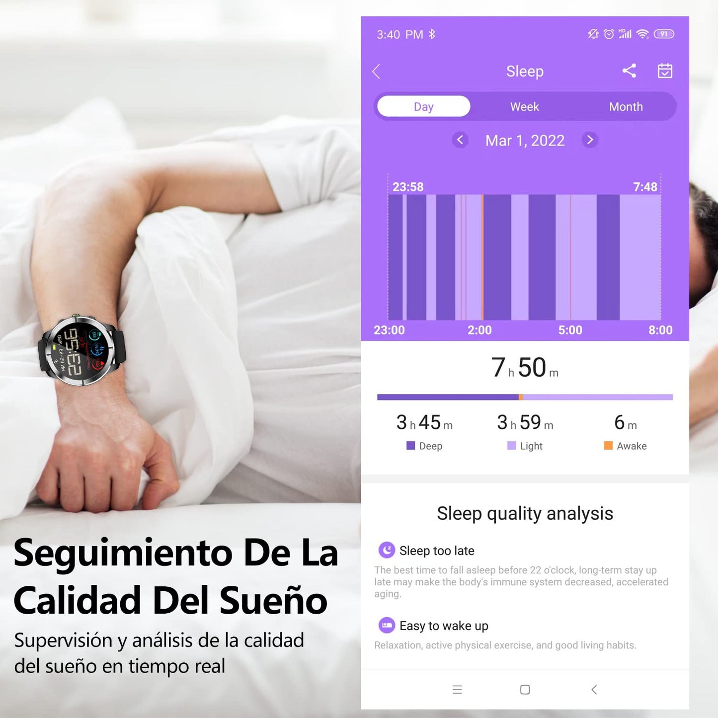 Reloj Inteligente Deportivo con Monitor de Frecuencia Cardíaca, Notificaciones, Música, Sueño y 24 Modos de Entrenamiento para Hombre y Mujer (Correa Negra y Azul)