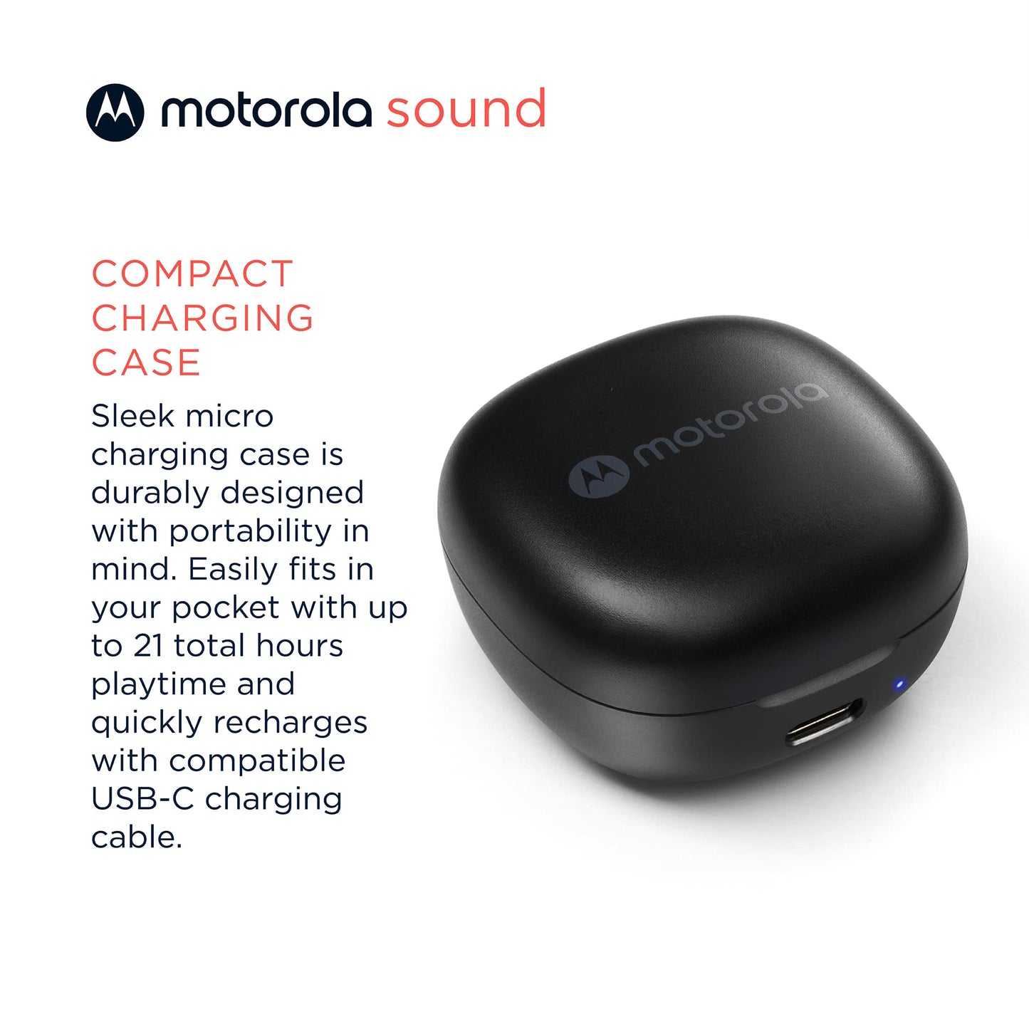 Audífonos Bluetooth Motorola Sound Moto Buds 105 control táctil y funda de microcarga, IPX5, resistente al agua, ligero, ajuste cómodo, sonido claro, color negro