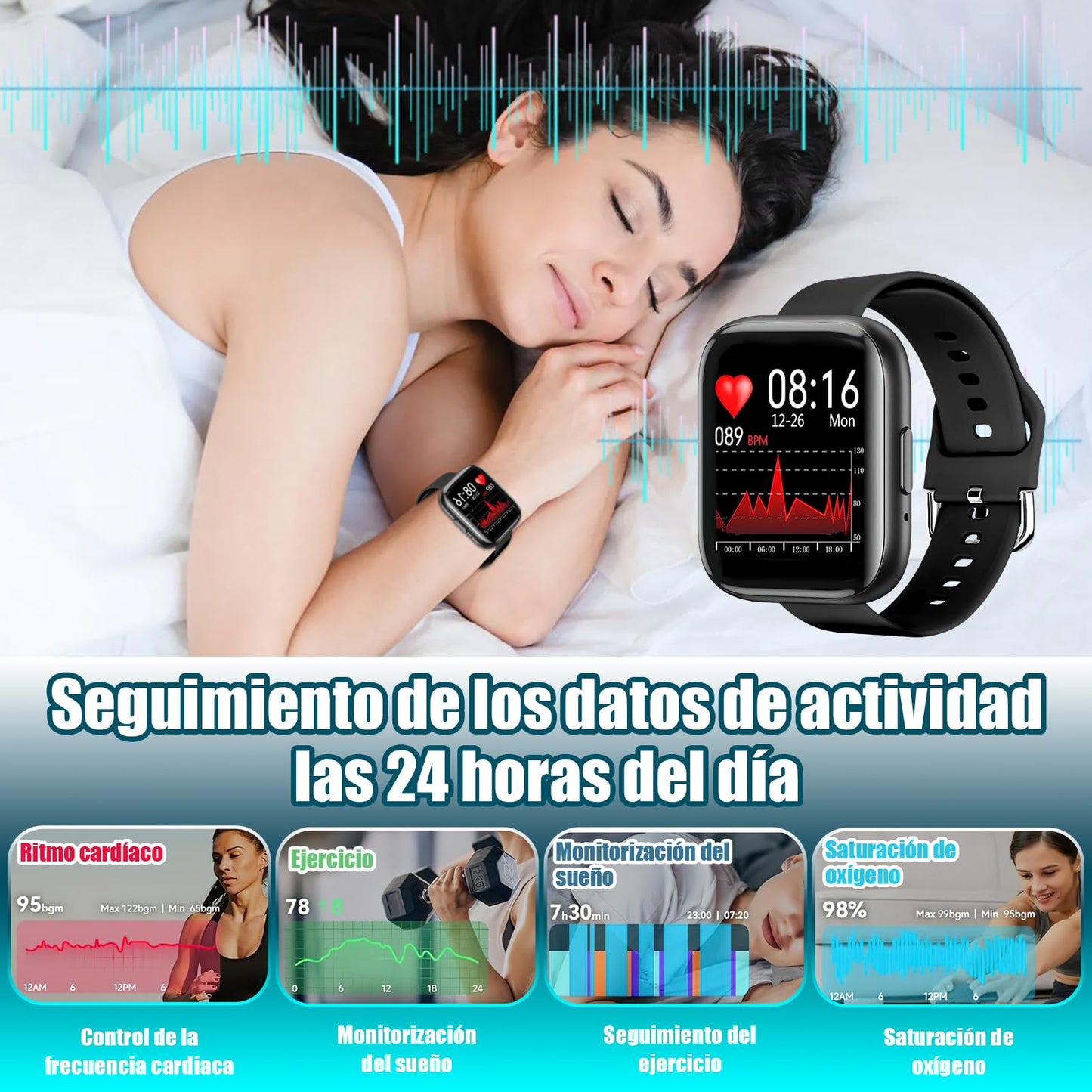 Smartwatch Folteitei IP67 ,Pantalla Táctil 1.55" ,Monitor de Frecuencia Cardíaca Modos Deportivos Notificaciones Inteligentes Batería de Larga Duración Compatible con iOS y Android