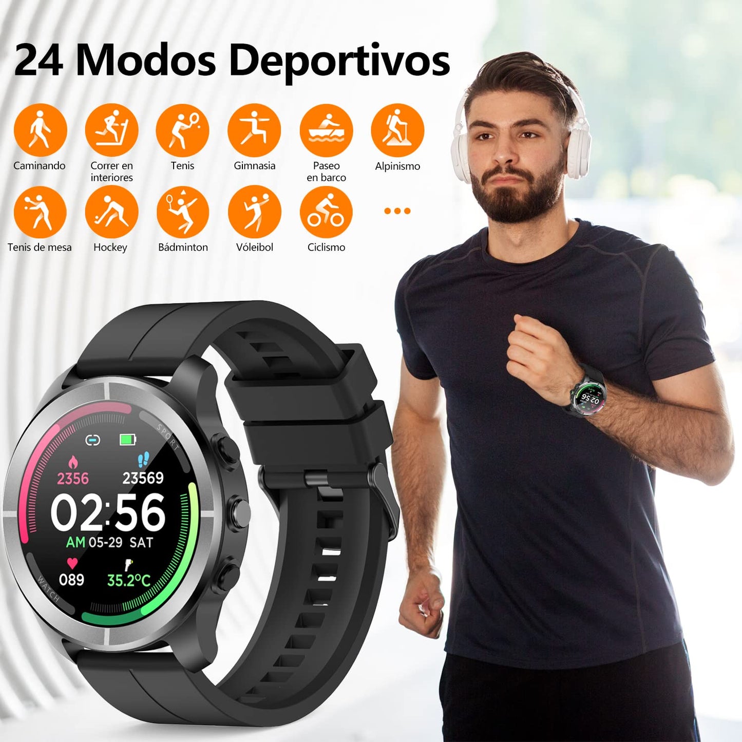 Reloj Inteligente Deportivo con Monitor de Frecuencia Cardíaca, Notificaciones, Música, Sueño y 24 Modos de Entrenamiento para Hombre y Mujer (Correa Negra y Azul)