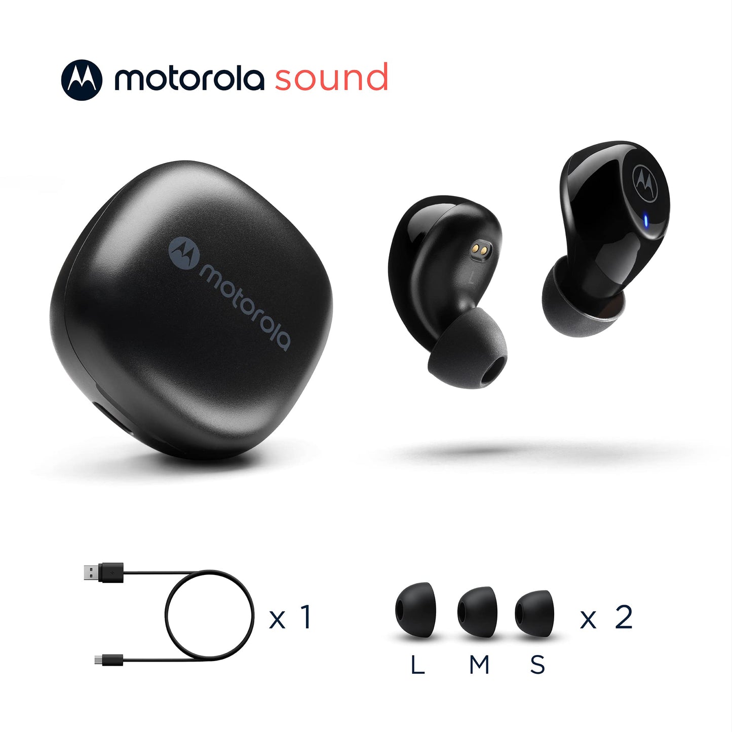 Audífonos Bluetooth Motorola Sound Moto Buds 105 control táctil y funda de microcarga, IPX5, resistente al agua, ligero, ajuste cómodo, sonido claro, color negro