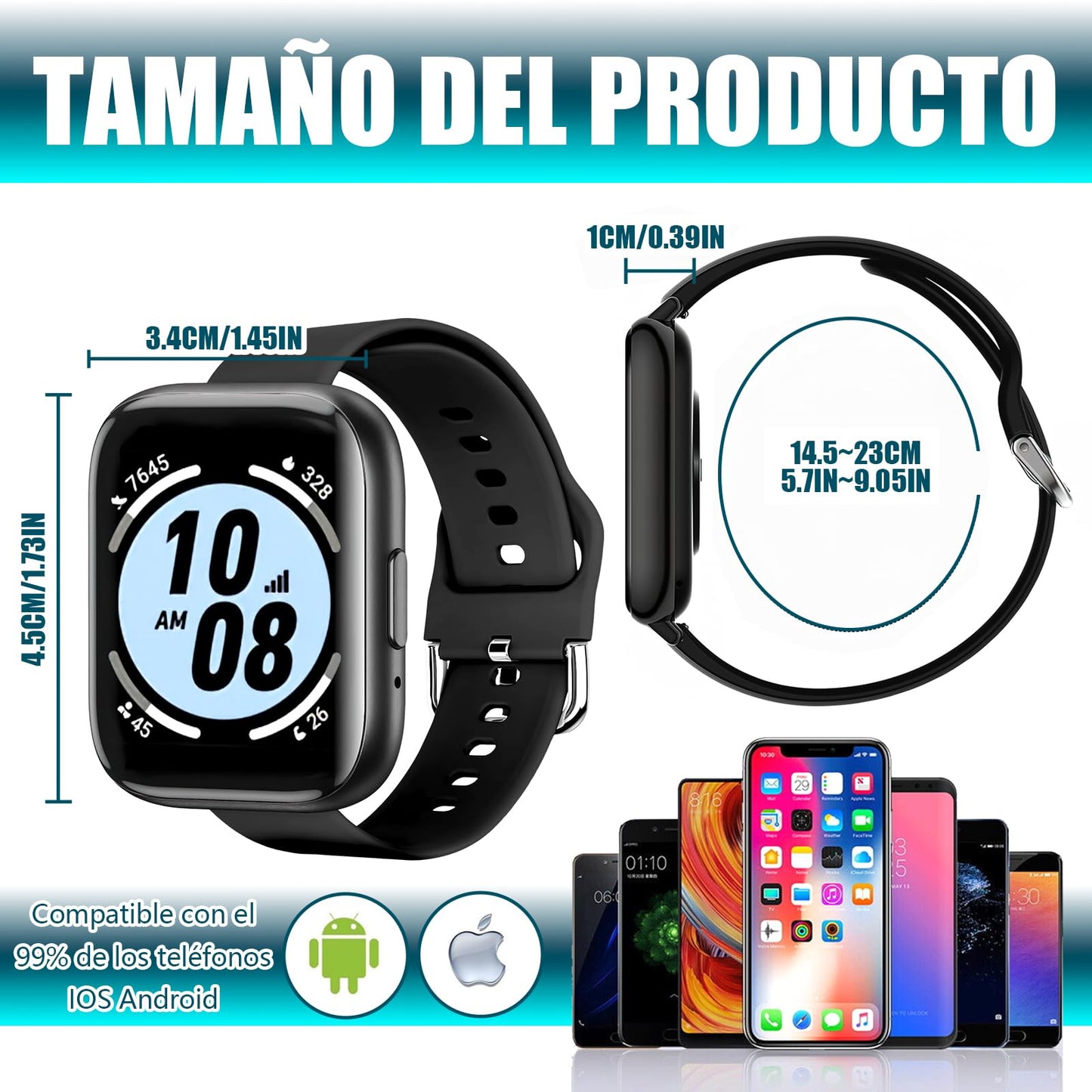 Smartwatch Folteitei IP67 ,Pantalla Táctil 1.55" ,Monitor de Frecuencia Cardíaca Modos Deportivos Notificaciones Inteligentes Batería de Larga Duración Compatible con iOS y Android