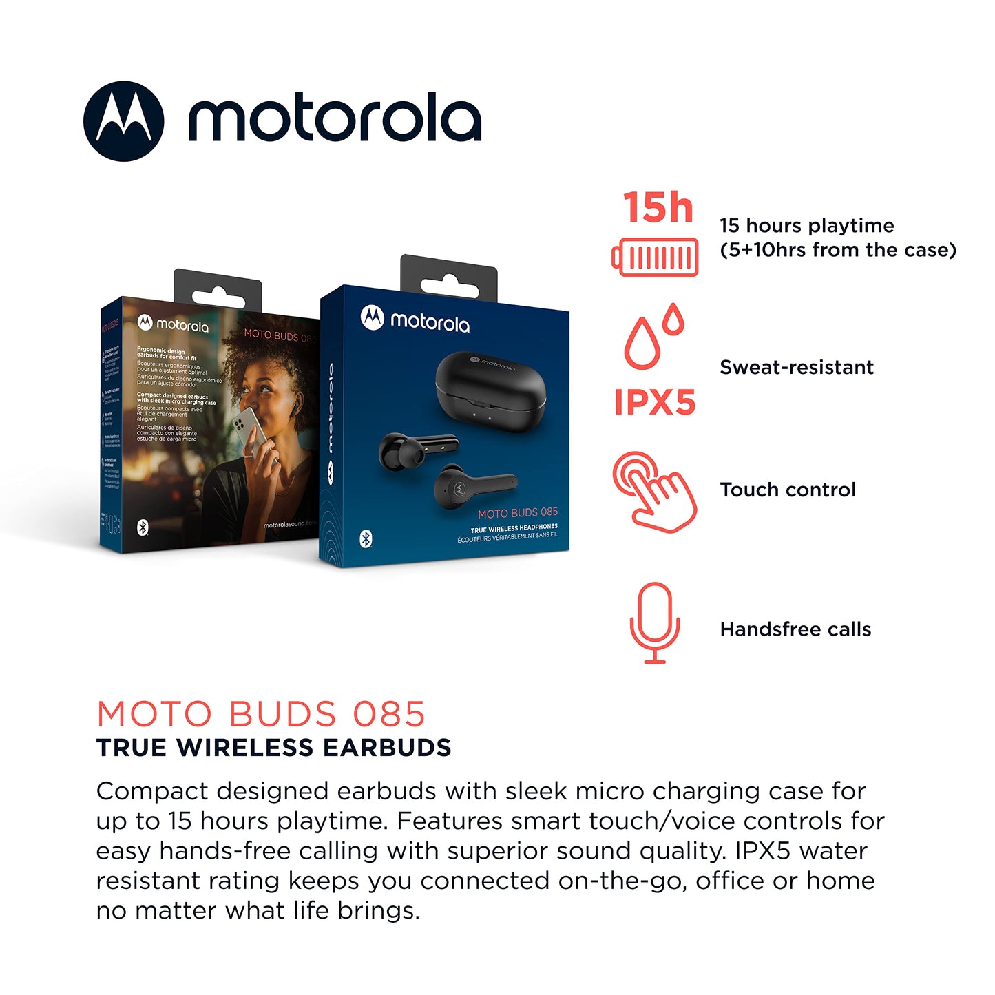 Auriculares Bluetooth Inalámbricos Motorola Moto Buds 085 con Micrófono, Conexión Dual, IPX5