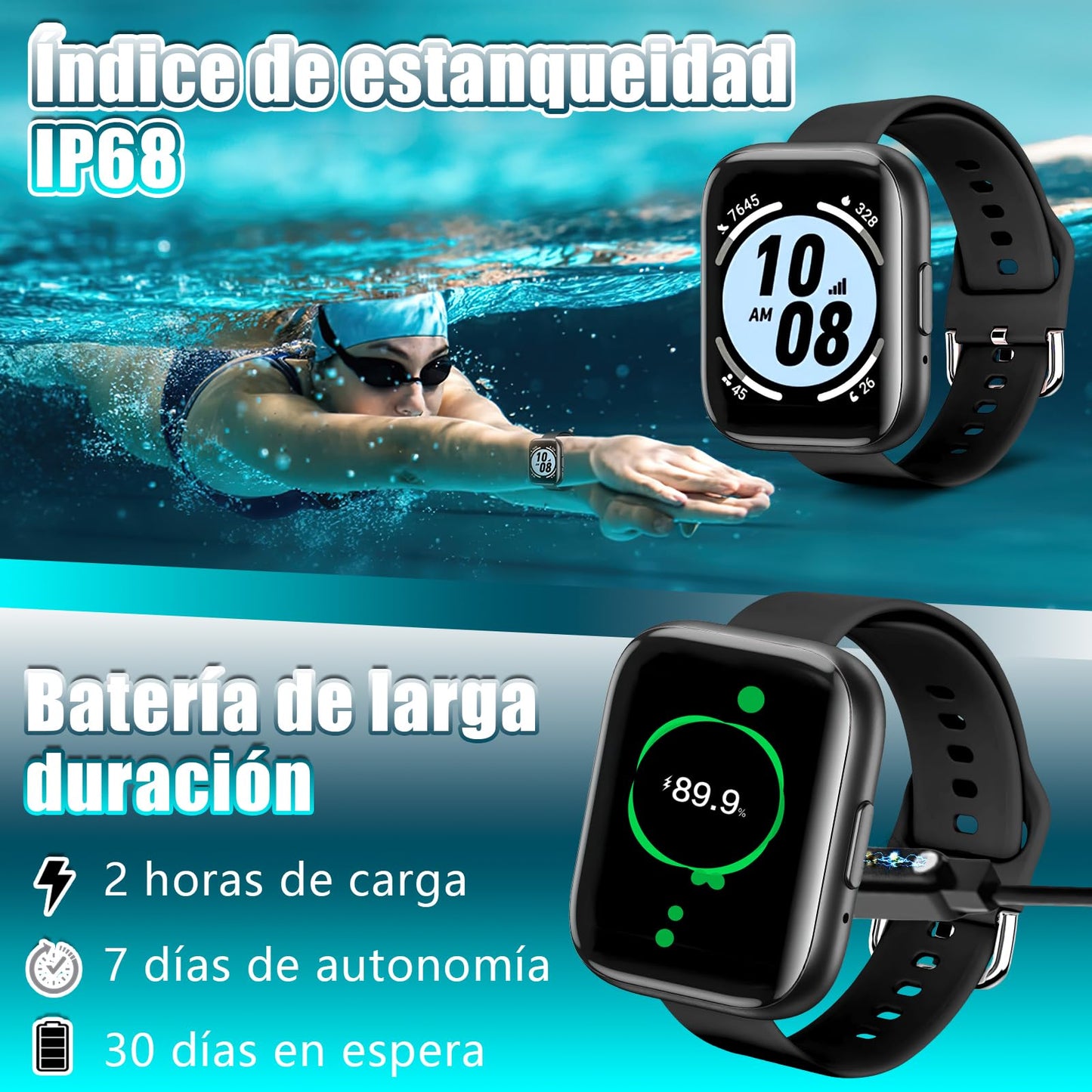Smartwatch Folteitei IP67 ,Pantalla Táctil 1.55" ,Monitor de Frecuencia Cardíaca Modos Deportivos Notificaciones Inteligentes Batería de Larga Duración Compatible con iOS y Android