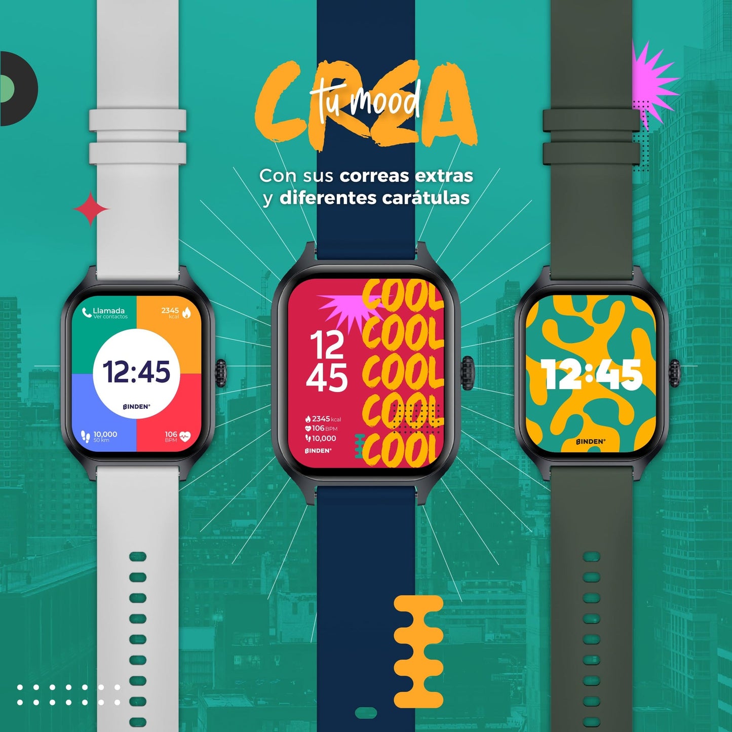 BINDEN Smartwatch ERA Day Asistente de Voz Realiza Llamadas Bluetooth Notificaciones Salud Deportes Resistente a Salpicaduras Pantalla 1.96” HD Compatible con iOS y Android +2 Correas de Regalo Azul