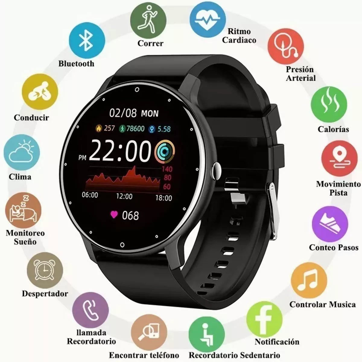 Smartwatch Deportivo ZL02 con Pantalla Táctil, Resistencia IP67 y Malla de Silicona Negra