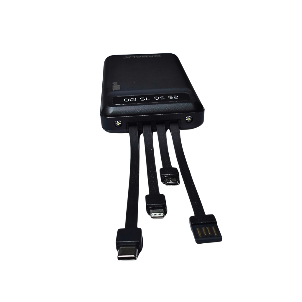 Batería portátil power bank 10000Mha Sabala con 4 salidas cable, con linterna. Negro