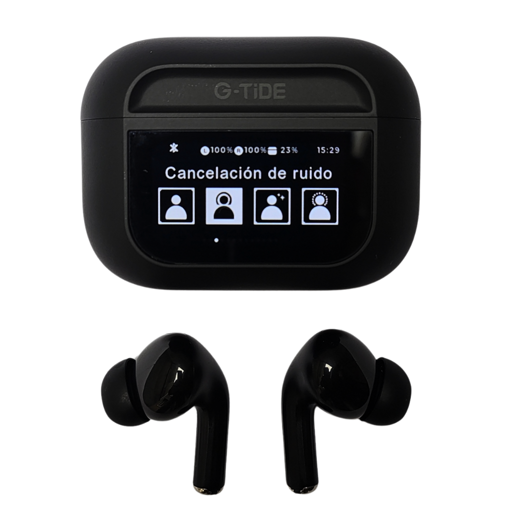 Audífonos con Pantalla Táctil. G-TIDE Future Pod, Bluetooth, Cancelación de ruido, encontrar audífonos
