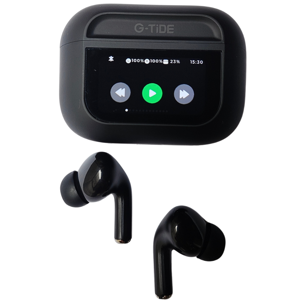Audífonos con Pantalla Táctil. G-TIDE Future Pod, Bluetooth, Cancelación de ruido, encontrar audífonos