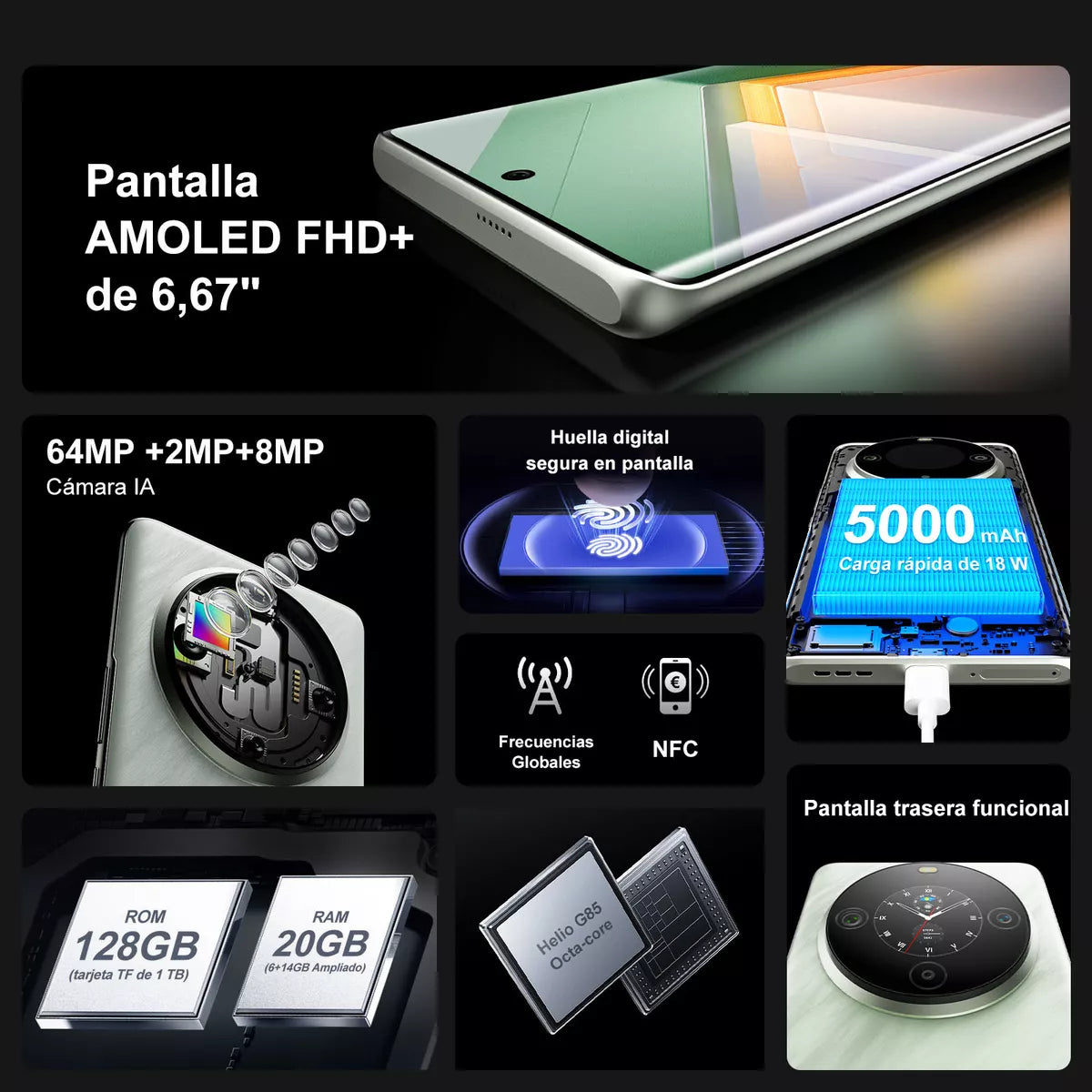 Fossibot S3 Pro 20GB RAM + 128GB ROM Pantalla AMOLED Curva 6.67” Cámara 64MP 4G LTE + NFC Android 14