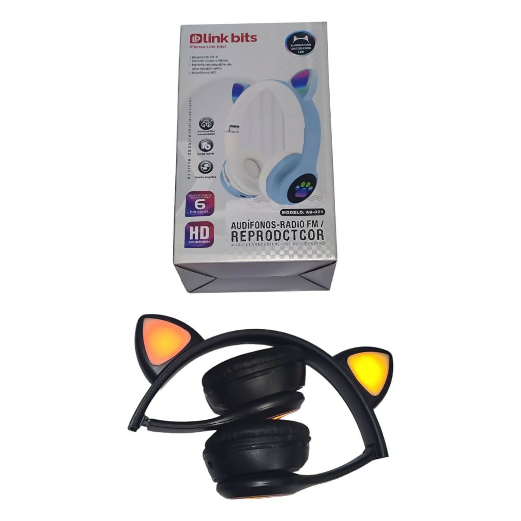 Audífonos Gatica Bluetooth, luces led, Radio FM, diadema plegables