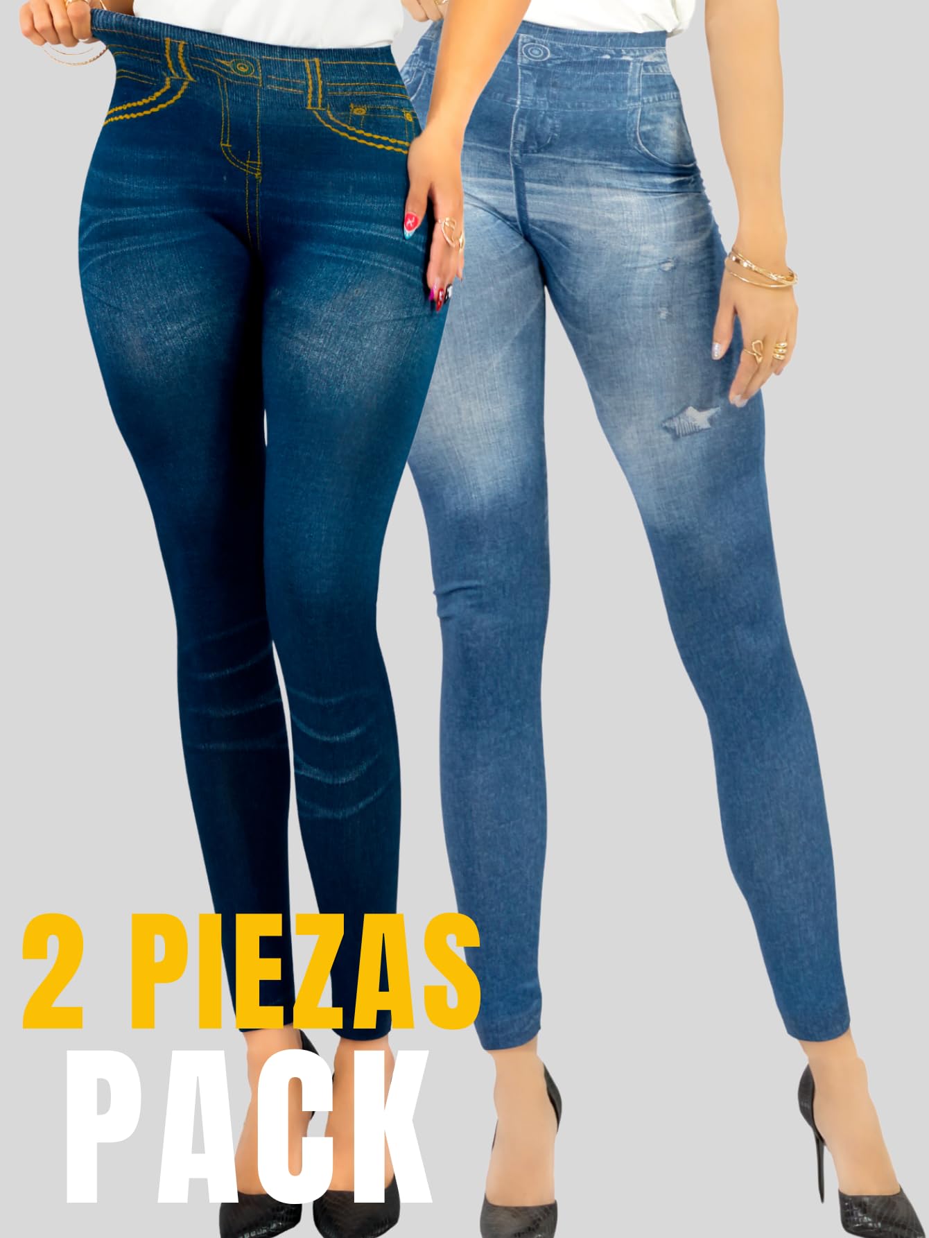 Pack de 2 Leggins Mujer Mezclilla Faja Alta Estilo Pantalón Mezclilla Calidad Premium Jegging Tiro Alto, Mallon Licra Cómodos Elásticos