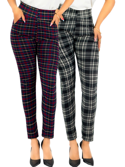 Set De 2 Leggings Elegantes Jegging Mujer a Cuadros Stretch Looks Formal y Casual Mayón y Mallones