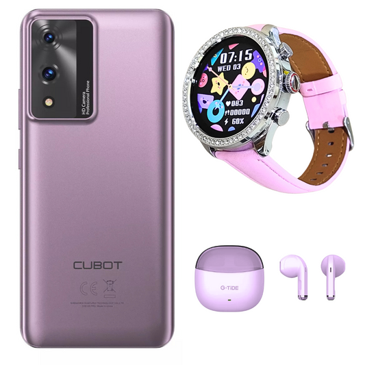 Cubot A10 Dual SIM 128GB 4GB RAM con Smartwatch llamadas y audífonos LILA.