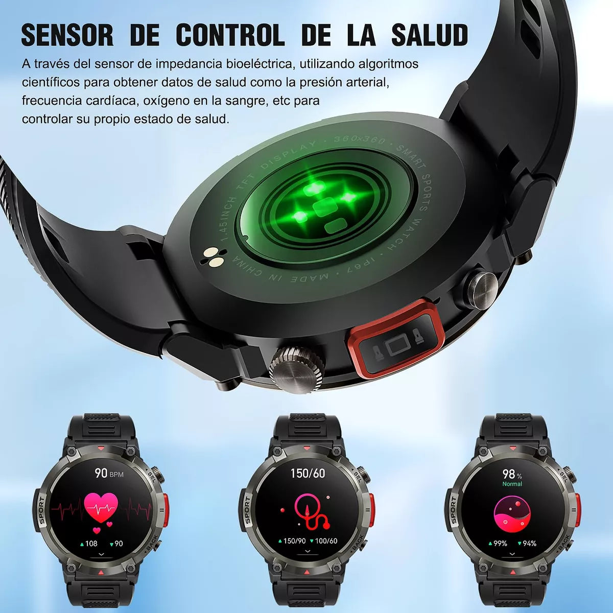 Smartwatch Deportivo IP68 Pantalla HD 1.45 Pulgadas Llamadas Bluetooth Linterna LED 100 Modos Deportivos Batería 7 Días