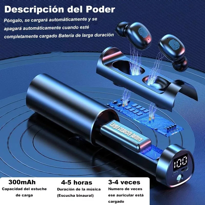 Audífonos Inalámbricos Bluetooth 5.0  - Sonido Estéreo, Manos Libres, LED y Resistencia al Agua - Negro
