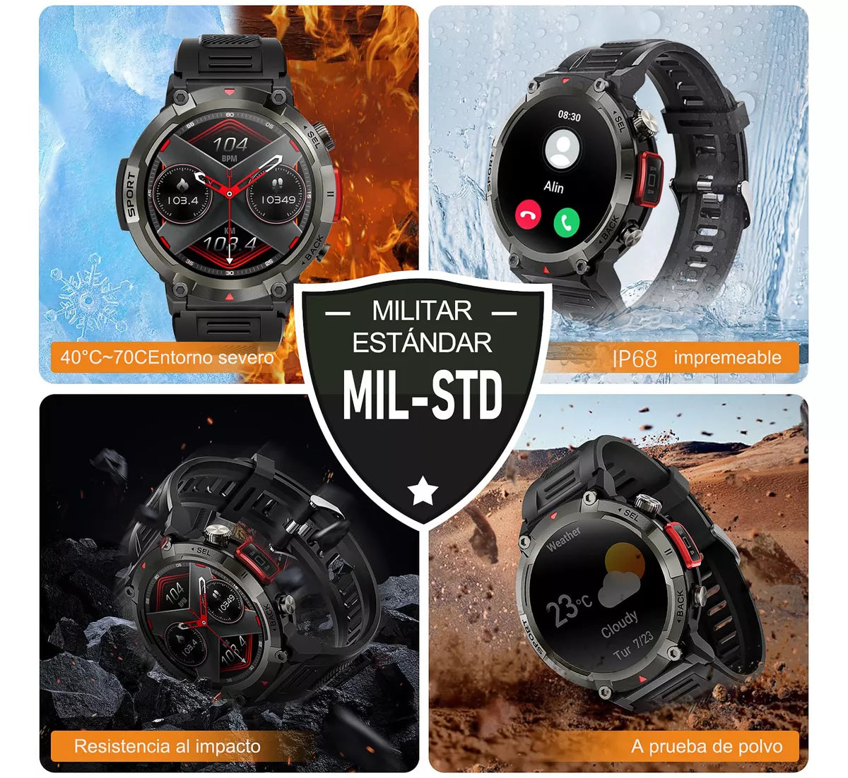Smartwatch Deportivo IP68 Pantalla HD 1.45 Pulgadas Llamadas Bluetooth Linterna LED 100 Modos Deportivos Batería 7 Días