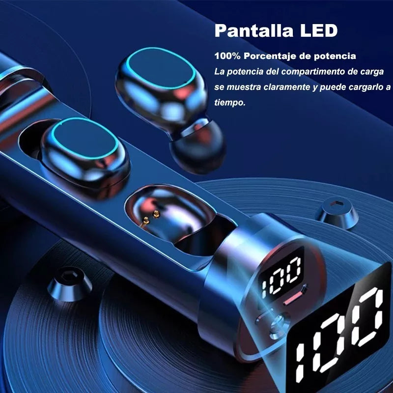Audífonos Inalámbricos Bluetooth 5.0  - Sonido Estéreo, Manos Libres, LED y Resistencia al Agua - Negro